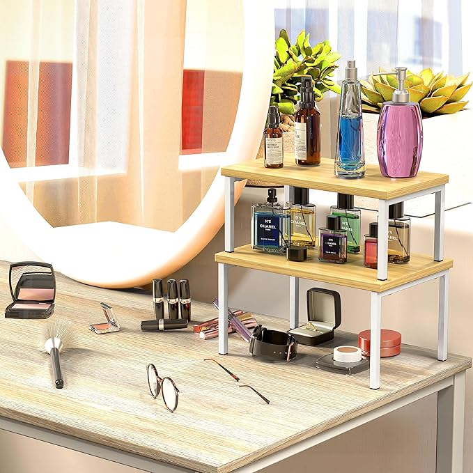 Simple Houseware Wooden Top Expandable Stackable Kitchen Cabinet and Counter Shelf Organizer, Oak