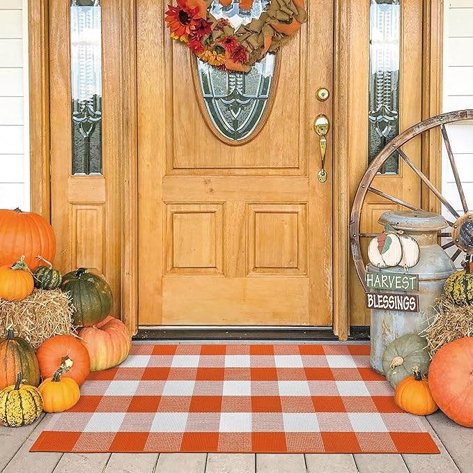 KOZYFLY Buffalo Plaid Rug 27.5x43 Inches Orange and White Checke Rug Halloween Fall Door Mat Cotton Washable Area Rugs Door Mat Outdoor Entrance for Front Porch Entryway Fall Farmhouse