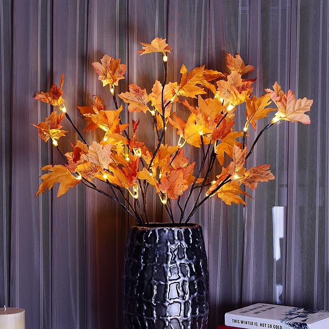 LIGHTSHARE 32IN 32LED Lighted Willow Twig Branch, Maple Leaf, Built-in Timer, USB Plug-in and Battery Powered, Décor for Home, Festival, Party, Christmas, Night Light