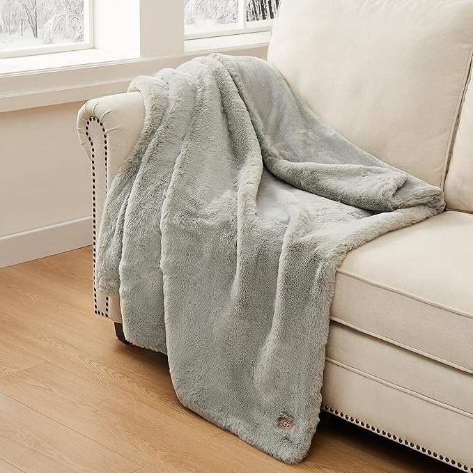 UGG Plush Faux Fur Throw Blanket Reversible Medium Weight Luxury Soft Throw Blankets for Bed or Chair, Hypoallergenic, Machine Washable, Home Decor, 50-inch x 70-inch, Seal Light Grey (Euphoria)