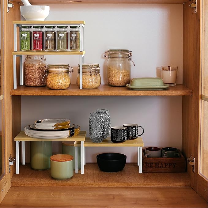 Simple Houseware Wooden Top Expandable Stackable Kitchen Cabinet and Counter Shelf Organizer, Oak