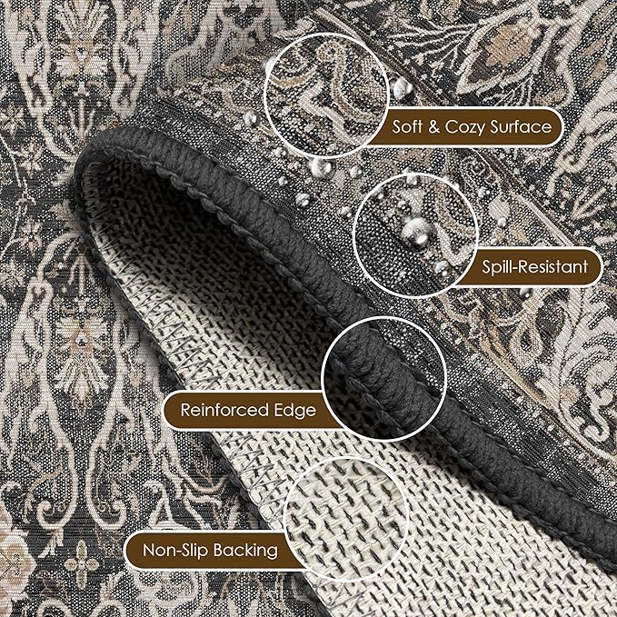 Washable Area Rug 8' x 10' Vintage Traditional Persian Mat - Foldable Distressed Non-Slip Machine Washable Carpet for Living Room Bedroom Kitchen Home Decor - Ebony and Taupe