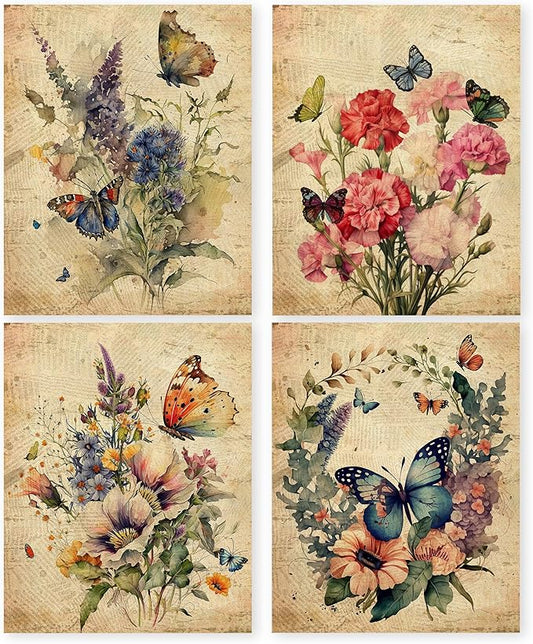 HRQKO Vintage Butterfly Floral Wall Art Poster Prints Set of 4, Floral Wall Art, Retro Wildflower Artwork Printing Posters Wall Decor, Butterfly Flowers Prints for Living Room Bedroom 8”x10” Unframed