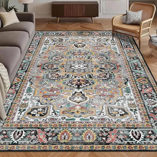 Washable Area Rug 6' x 9' Vintage Traditional Persian Mat - Foldable Distressed Non-Slip Machine Washable Carpet for Living Room Bedroom Kitchen Home Decor - Slate and Multicolor