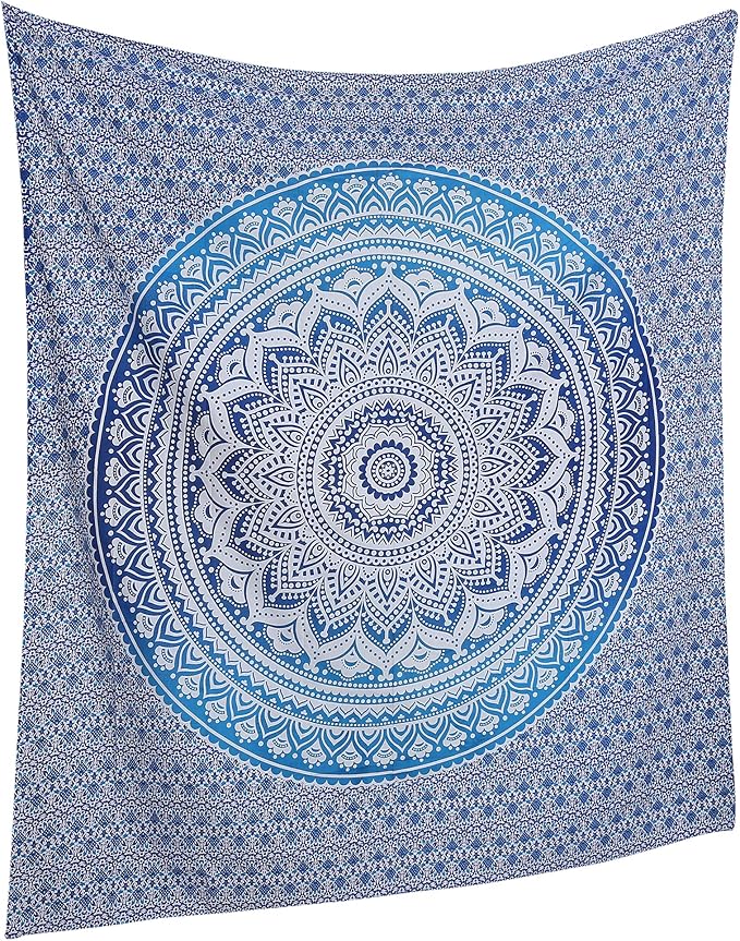 RAJRANG Large Mandala Tapestry for Bedroom and Living Room Wall Hanging Cotton Tapestries (Blue, Ombre, 90x84 Inch, Queen size)