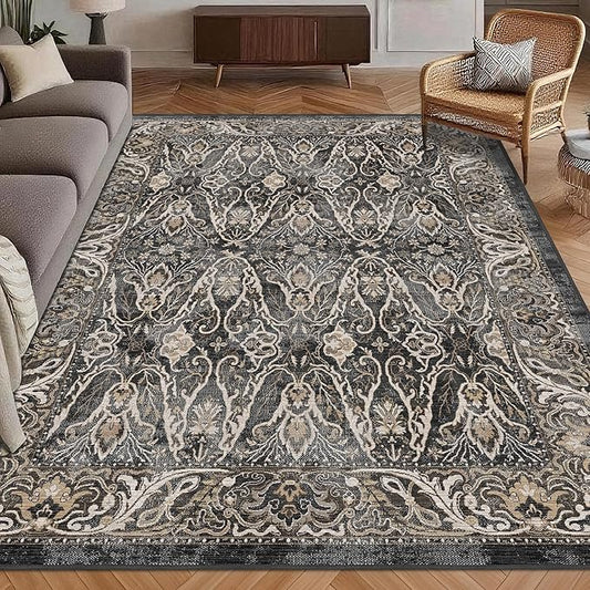 Washable Area Rug 3' x 5 ' Vintage Traditional Persian Mat - Foldable Distressed Non-Slip Machine Washable Carpet for Living Room Bedroom Kitchen Home Decor - Ebony and Taupe