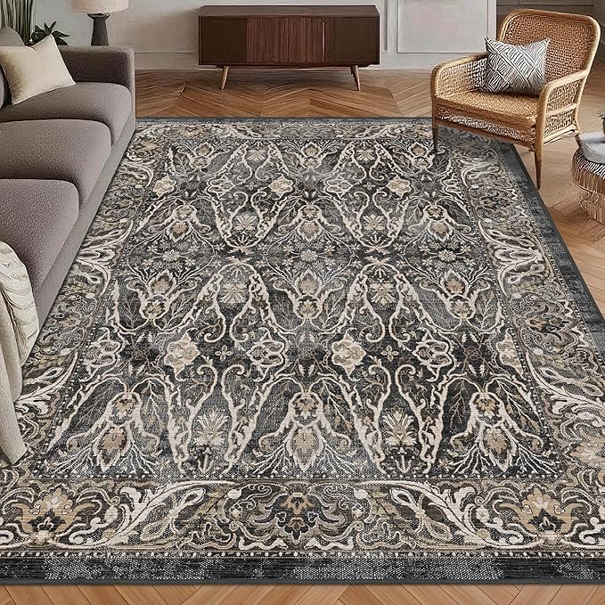 Washable Area Rug 5' x 7' Vintage Traditional Persian Mat - Foldable Distressed Non-Slip Machine Washable Carpet for Living Room Bedroom Kitchen Home Decor - Ebony and Taupe