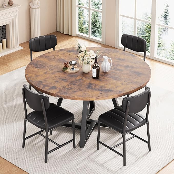 42“ Round Kitchen Dining Room Table for 2-4, Circle Dining Dinner Table with Pedestal Metal Frame, Space Saving Wood Industrial Furniture for Small Space (Rustic Brown, 42IN)