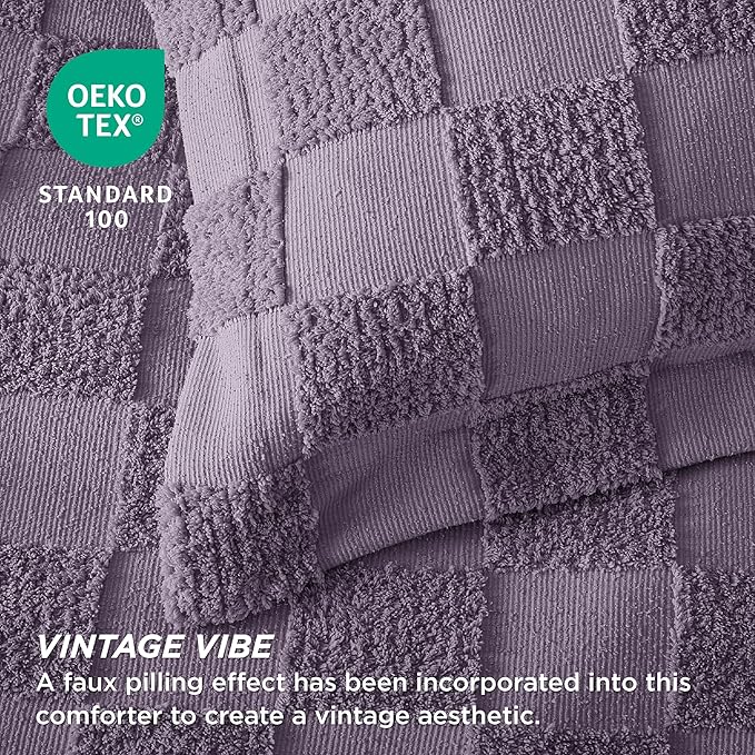 Bedsure King Size Comforter Set Grayish Purple, Boho Tufted Bed Set, Checkered Farmhouse Shabby Chic Bedding, 3 Pieces, 1 Plaid Geometric Comforter and 2 Pillow Shams