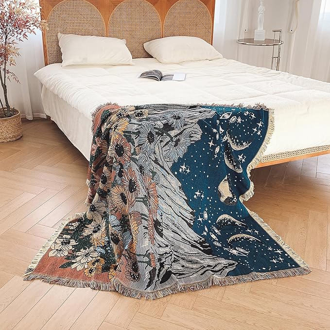 Boho Throw Blanket for Bed Couch Sofa Reversible Cotton Bohemian Travel Boho Quilt Mexican Muslin Blanket Tapestry Hippie Room Decor Outdoor Blanket Double Sided (Boho Flower Dark 5 60"x80")