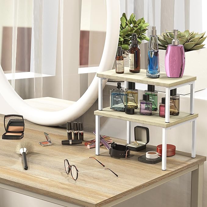 Simple Houseware Wooden Top Expandable Stackable Kitchen Cabinet and Counter Shelf Organizer, Maple