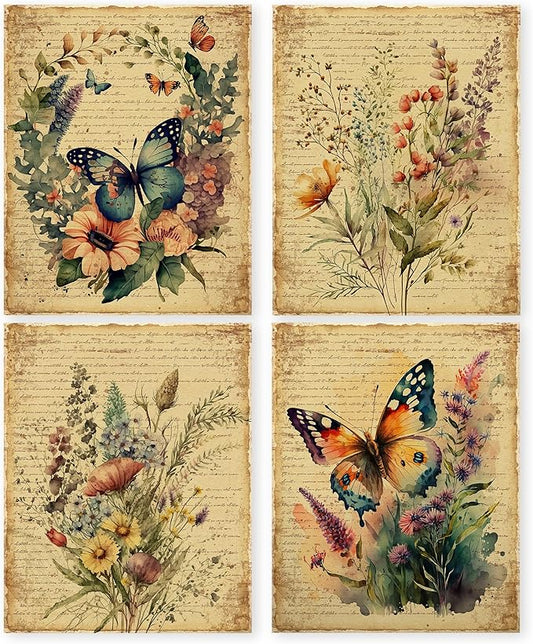 HRQKO Vintage Floral Butterfly Wall Art Poster Prints Set of 4, Floral Wall Art, Retro Butterfly Artwork Printing Posters Wall Decor, Watercolor Flower Prints for Bedroom Living Room 8”x10” Unframed