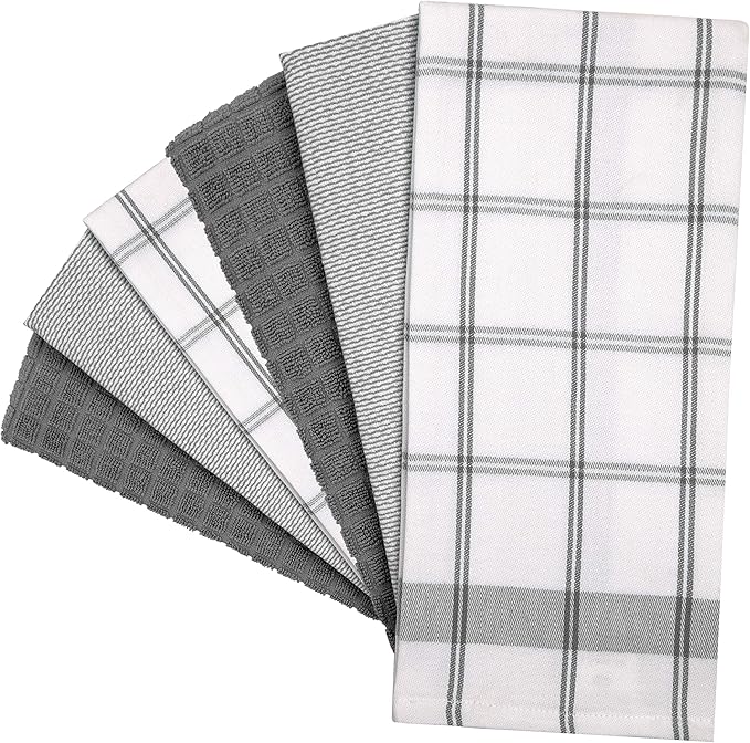 Premium Kitchen Towels (20”x 28”, 6 Pack) – Large Cotton Kitchen Hand Towels – Flat & Terry Towel – Highly Absorbent Tea Towels Set with Hanging Loop (Grey Check)