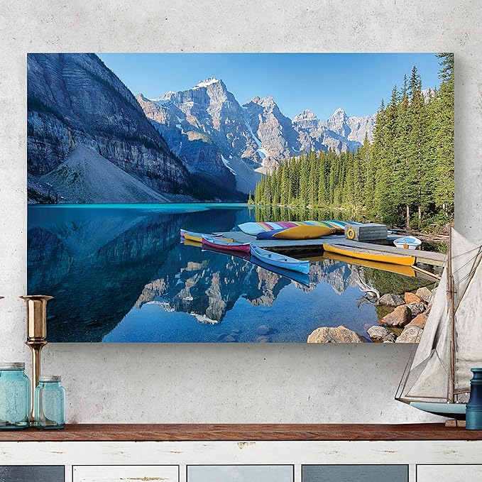 Renditions Gallery Nature Home Decor for Home Banff Canoe Docked along side Mountain Lake Canvas Hanging Artwork for Bedroom Living Room Office Wall - 12"X18" LT08