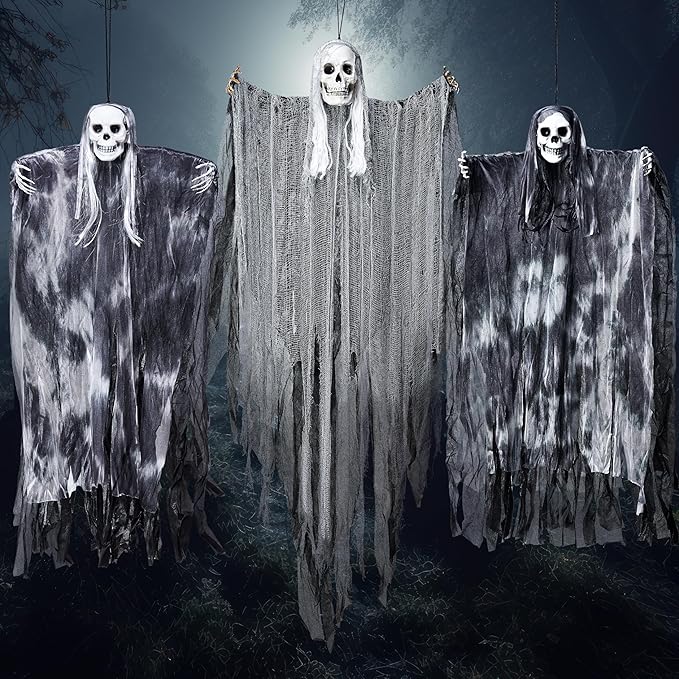 JOYIN 3 Pack Hanging Halloween Skeleton Ghosts Decorations Outdoor, Grim Reapers for Best Halloween Outdoor Decorations, Haunted Haunted House Prop, Party Supplies