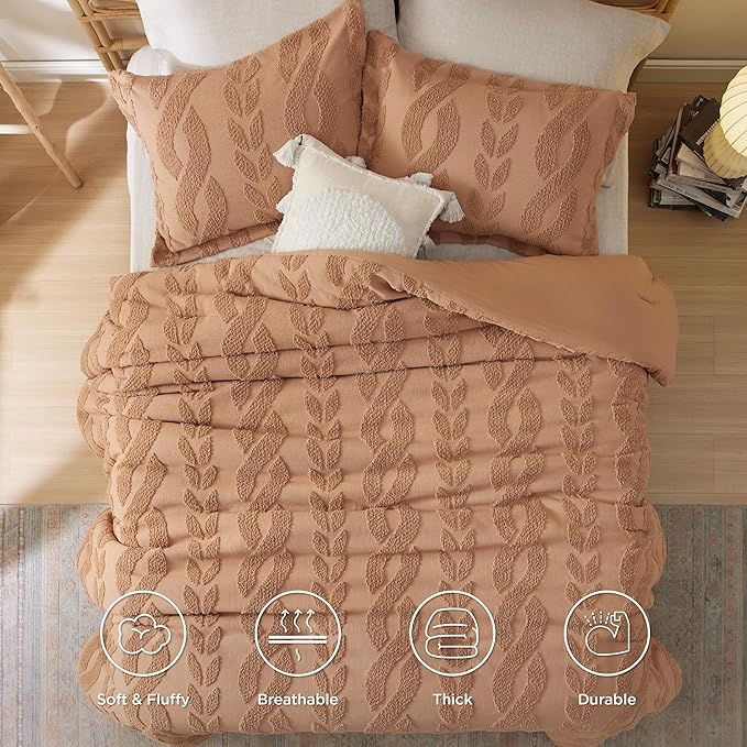 Bedsure King Size Comforter Set Taupe, Boho Tufted Bed Set, Farmhouse Jacquard Cable Knit Pattern Bedding, 3 Pieces, 1 Shabby Chic Fluffy Comforter & 2 Pillow Shams