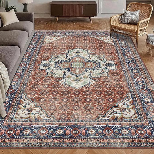 Washable Area Rug 6' x 9' Vintage Traditional Persian Mat - Foldable Distressed Non-Slip Machine Washable Carpet for Living Room Bedroom Kitchen Home Decor - Terracotta and Navy