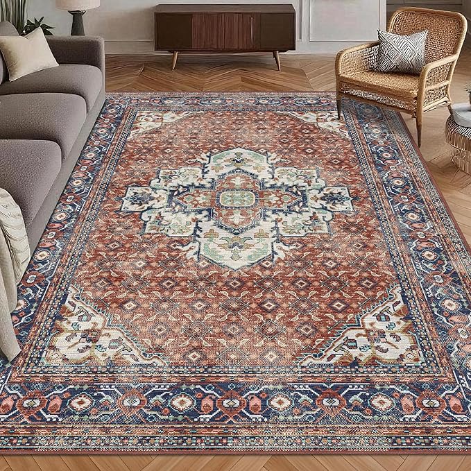 Washable Area Rug 8' x 10' Vintage Traditional Persian Mat - Foldable Distressed Non-Slip Machine Washable Carpet for Living Room Bedroom Kitchen Home Decor - Terracotta and Navy