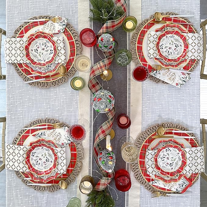 Kate Aspen 62pc Christmas Tableware Set Holiday Dinner Party Kit - 16pcs 7 inch & 9 inch Heavy Duty Disposable Party Plates, 30pcs 6.5 inch Durable Paper Napkins