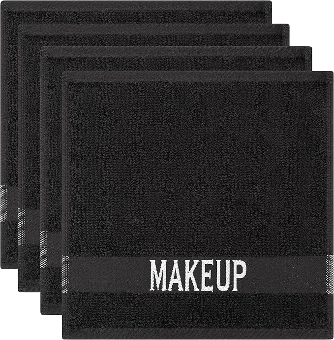 Cotton Paradise Makeup Remover Towels 4 Pack 100% Cotton 12x12 Inch Turkish Makeup Removal Face Cloths for Washing Face Soft Black Makeup Towel