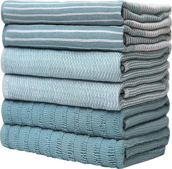 Premium Kitchen Towels (20”x 28”, 6 Pack) | Large Cotton Hand Dish Flat & Terry Towel Highly Absorbent Tea Set with Hanging Loop Aqua