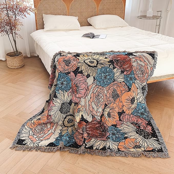 Boho Throw Blanket Reversible Cotton Bohemian Tapestry Hippie Room Decor Double Sided (Boho Flower Dark 50"x60")