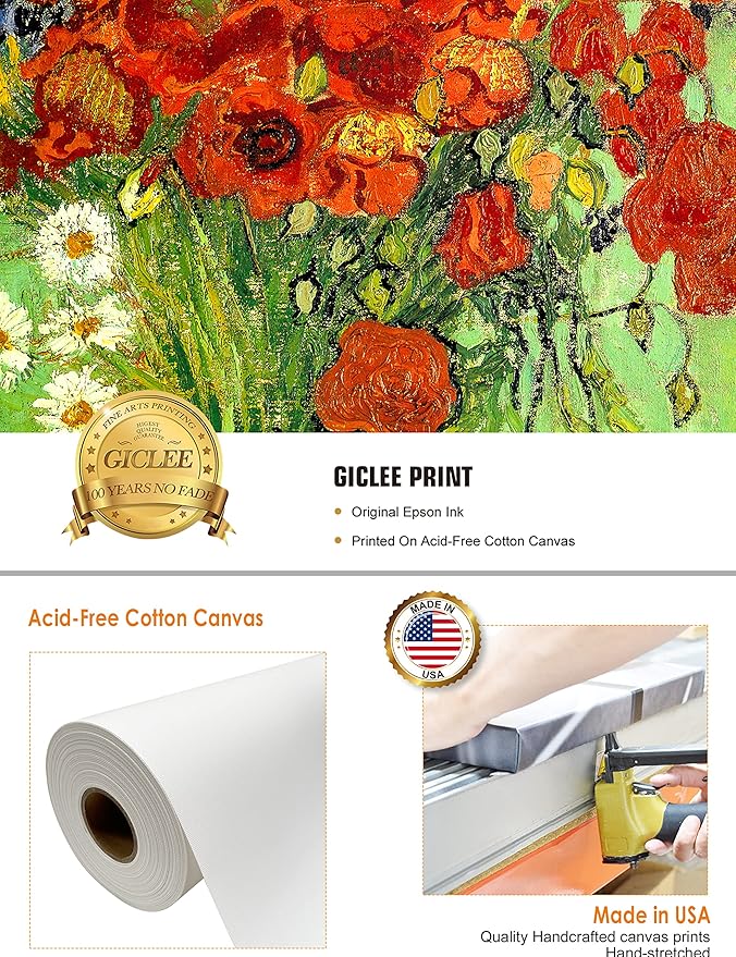 DECORARTS - Red Poppies and Daisies, Vincent Van Gogh Art Reproduction. Giclee Print on Canvas. Wall Art for Home. 40x32