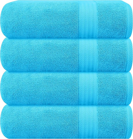 GLAMBURG Premium Cotton 4 Pack Bath Towel Set - 100% Pure Cotton - 4 Bath Towels 27x54 - Ideal for Everyday use - Ultra Soft & Highly Absorbent - Turquoise Blue