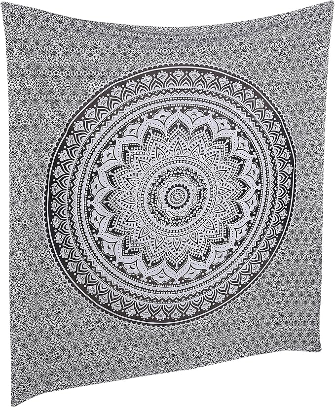 RAJRANG Large Mandala Tapestry for Bedroom and Living Room Wall Hanging Cotton Tapestries (Grey and White, Ombre, 90x84 Inch, Queen Size)