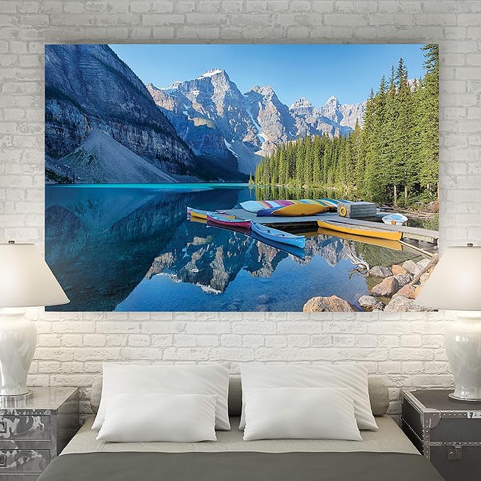 Renditions Gallery Nature Home Decor for Home Banff Canoe Docked along side Mountain Lake Canvas Hanging Artwork for Bedroom Living Room Office Wall - 12"X18" LT08