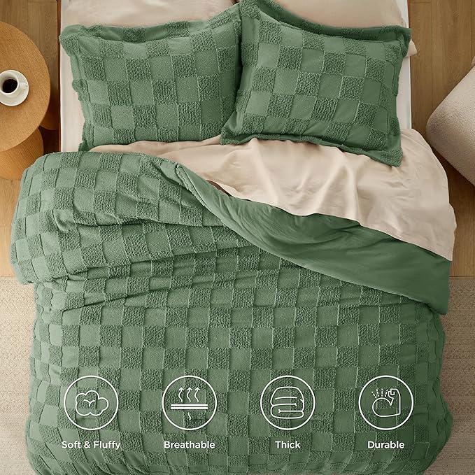Bedsure Queen Size Comforter Set Green, Boho Tufted Bed Set, Checkered Farmhouse Shabby Chic Bedding, 3 Pieces, 1 Plaid Geometric Comforter and 2 Pillow Shams