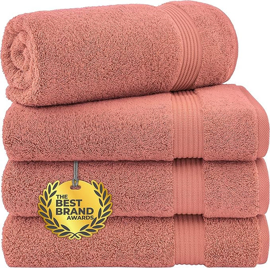 Cotton Paradise 4 Piece Turkish Bath Towels for Bathroom, 100% Cotton Extra Large Soft Plush Towels Bathroom Set, Coral