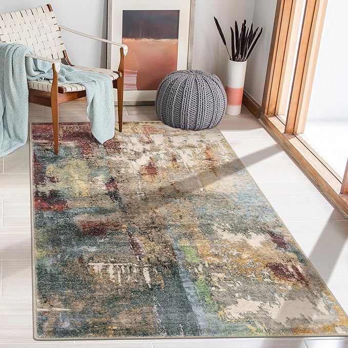 Lahome Modern Abstract Area Rug - 3x5 Washable Bedroom Rug Soft Throw Entry Mat Non-Slip, Contemporary Faux Wool Stain Resistant Floor Carpet for Living Room Kitchen Chair Door,Red/Multi