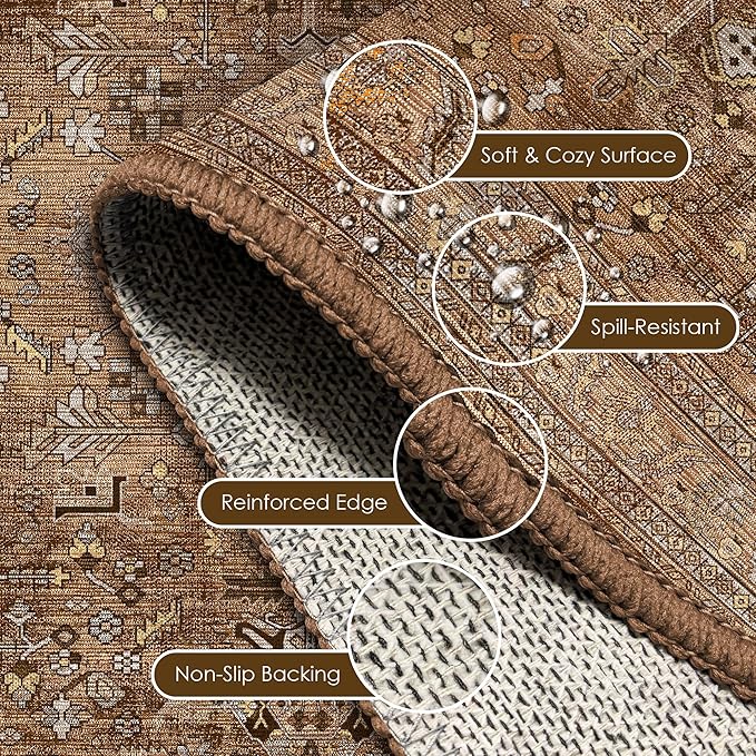 Washable Area Rug 5' x 7' Vintage Traditional Persian Mat - Foldable Distressed Non-Slip Machine Washable Carpet for Living Room Bedroom Kitchen Home Decor - Bronze and Ivory