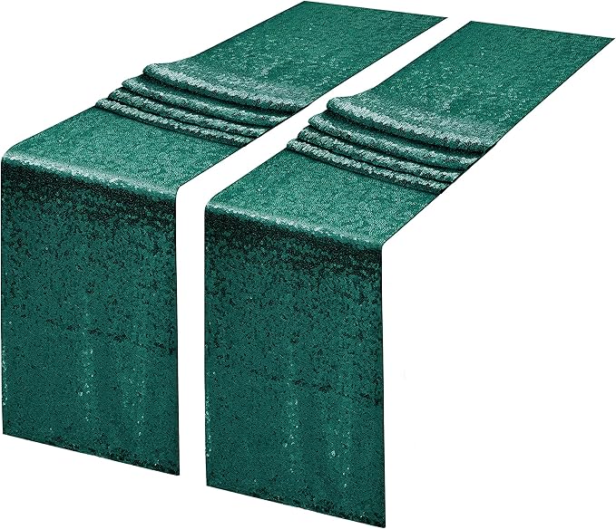 2 Packs 12 x 108 inches Hunter Green Sequin Table Runner, Glitter Hunter Green Table Runner for Wedding Birthday Bachelorette Holiday Party Supplies Decorations Bridal Shower Baby Shower