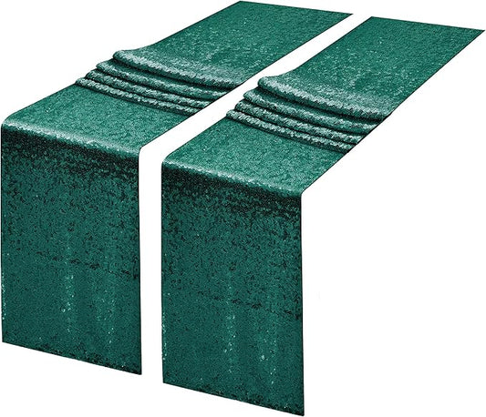 2 Packs 12 x 108 inches Hunter Green Sequin Table Runner, Glitter Hunter Green Table Runner for Wedding Birthday Bachelorette Holiday Party Supplies Decorations Bridal Shower Baby Shower