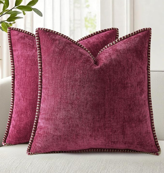 decorUhome Christmas Chenille Soft Throw Pillow Covers 26x26 Set of 2, Farmhouse Velvet Neutral Decorative Euro Pillow Covers with Stitched Edge for Couch Sofa Bed Home Decor, Rhododendron