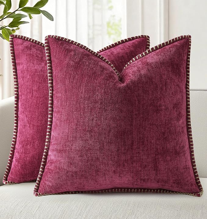 decorUhome Christmas Chenille Soft Throw Pillow Covers 16x16 Set of 2, Farmhouse Velvet Neutral Decorative Euro Pillow Covers with Stitched Edge for Couch Sofa Bed Home Decor, Rhododendron