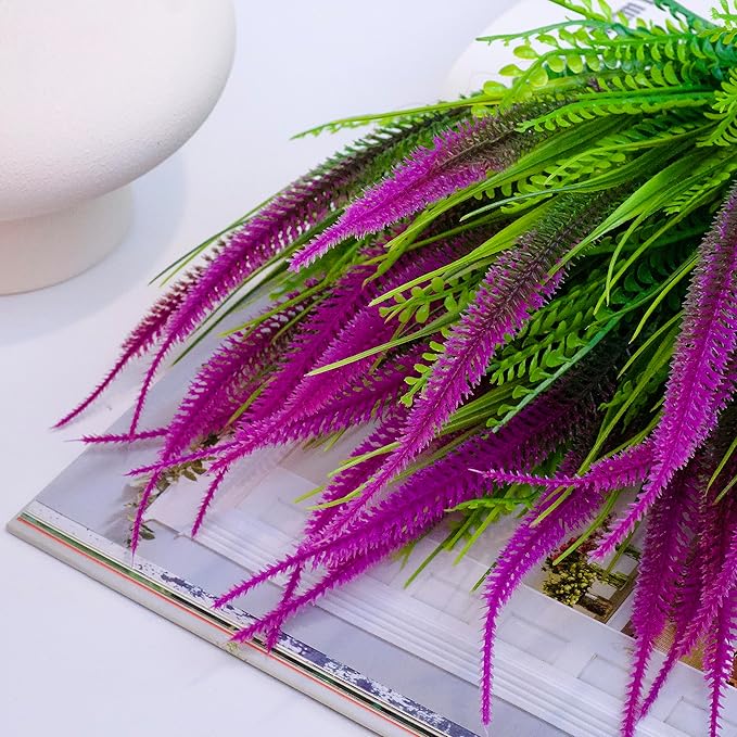 12 Bundles Outdoor Artificial Plants Flowers UV Resistant Fake Grass Plants Tropical Faux Bushes Shrubs for Home Front Porch Outside Planter Garden Landscape Décor