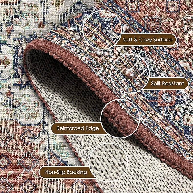 Washable Area Rug 8' x 10' Vintage Traditional Persian Mat - Foldable Distressed Non-Slip Machine Washable Carpet for Living Room Bedroom Kitchen Home Decor - Terracotta and Navy