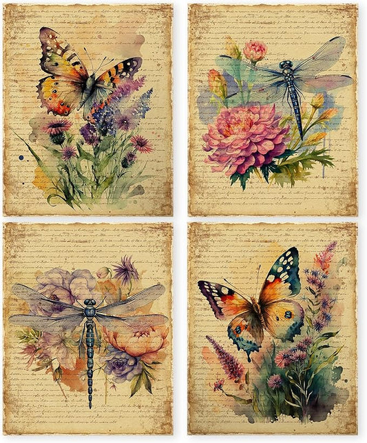 HRQKO Vintage Butterfly Dragonfly Floral Wall Art Poster Prints Set of 4, Dragonfly Wall Decor, Retro Wildflower Artwork Printing Posters Wall Decor, Butterfly Prints for Living Room 8”x10” Unframed