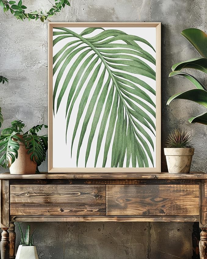 UPWOIGH Framed Green Wall Art(No Plexiglass), Palm Leaves Canvas Wall Art,16x12in Botanical Wood Bohemia Sage Wall Decor Prints Artworks for Living Room Bedroom, Plant Neutral Wall Decor Set of 3