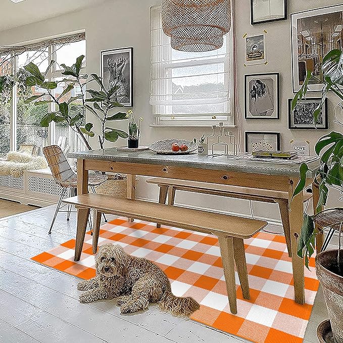 KOZYFLY Buffalo Plaid Rug 3x5 Ft Orange and White Checke Orange Rug Halloween Fall Door Mat Woven Cotton Washable Area Rugs Door Mat Outdoor Entrance for Front Porch Entryway Fall Farmhouse