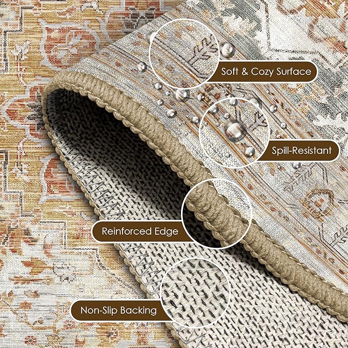 Washable Area Rug 2'6'' x 8' Vintage Traditional Persian Mat - Foldable Distressed Non-Slip Machine Washable Carpet for Living Room Bedroom Kitchen Home Decor - Dove Gray and Coral