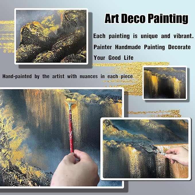 Waterfall Hand Painted Oil Painting On Canvas For Living Room - Black White and Gold Wall Decor For Bedroom - Huge Canvas Wall Art For Office Size 36 x 72 Inch