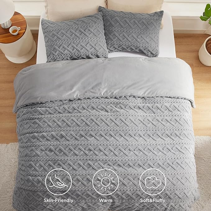 Bedsure Queen Fluffy Comforter Set, Grey Plush Fleece Bed Set, Luxury Jacquard Farmhouse Boho Soft Warm Bedding for Winter, 3 Pieces, 1 Comforter (90"x90") and 2 Pillowcases (20"x26")