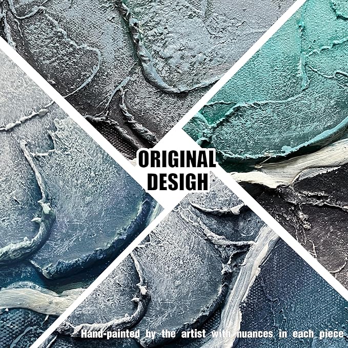 Beach Theme Painting Wall Art for Living Room Blue and White Canvas Wall Art for Office Hand Painted Wall Decor for Dining Room Size 20 x 40 Inch