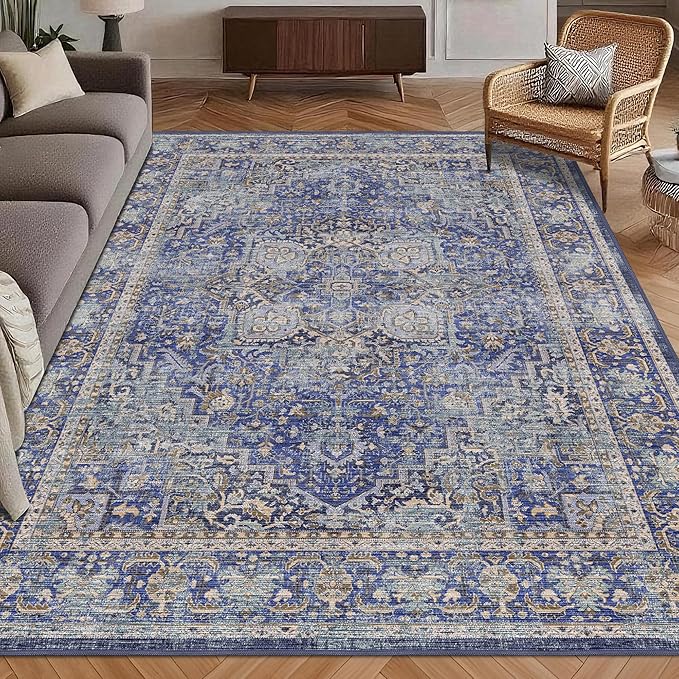 Washable Area Rug 6' x 9' Vintage Traditional Persian Mat - Foldable Distressed Non-Slip Machine Washable Carpet for Living Room Bedroom Kitchen Home Decor - Indigo and Gold