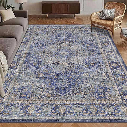 Washable Area Rug 8' x 10' Vintage Traditional Persian Mat - Foldable Distressed Non-Slip Machine Washable Carpet for Living Room Bedroom Kitchen Home Decor - Indigo and Gold