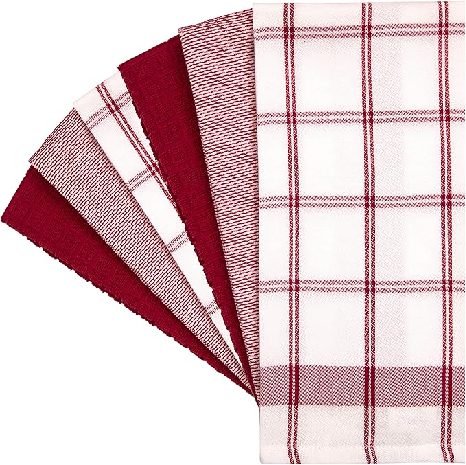 Premium Kitchen Towels (20”x 28”, 6 Pack) – Large Cotton Kitchen Hand Towels – Flat & Terry Towel – Highly Absorbent Tea Towels Set with Hanging Loop (Red Check)